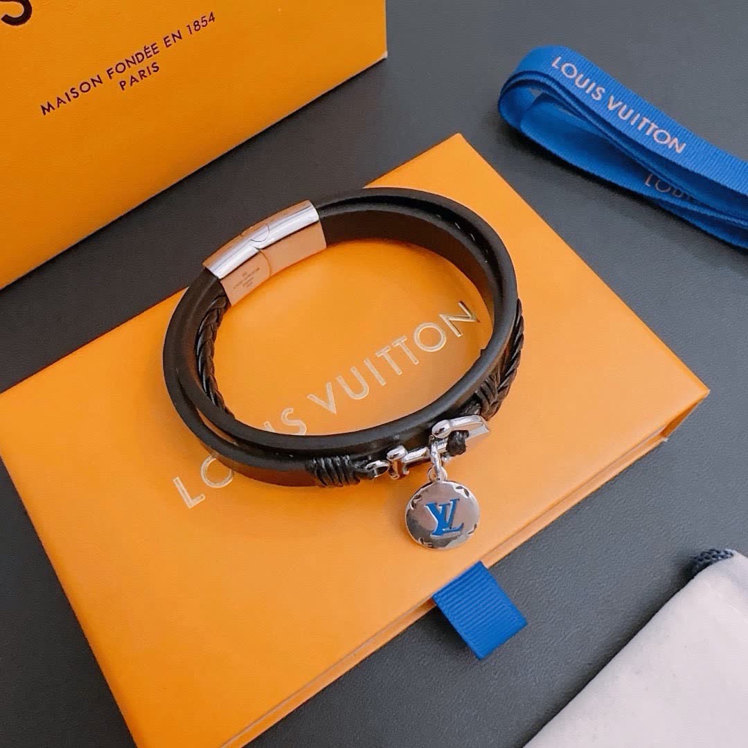 Louis Vuitton Black Leather Bracelet with Anchor Charm